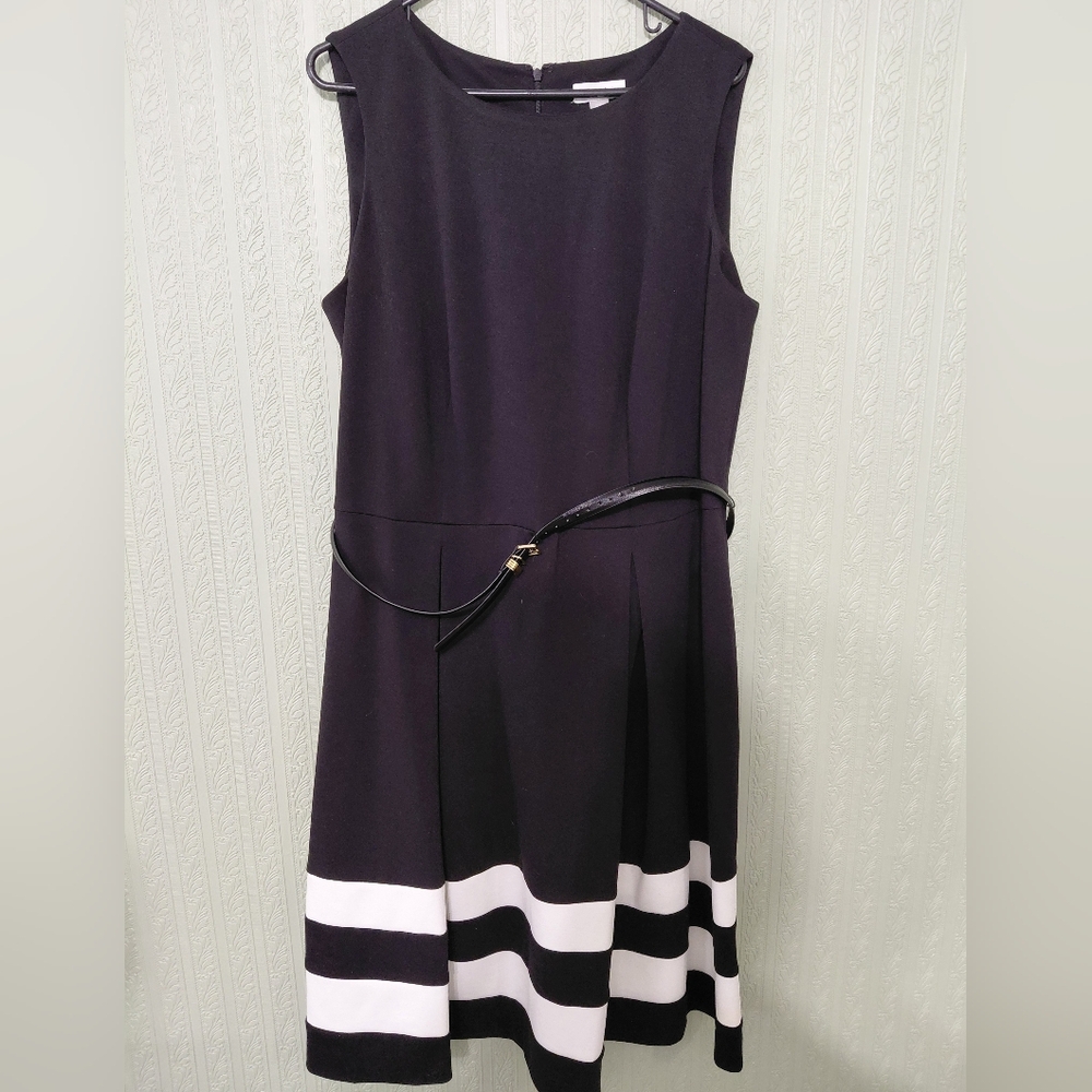 CALVIN KLEIN Black Dress White Hem Stripes dressy Business Professional Work